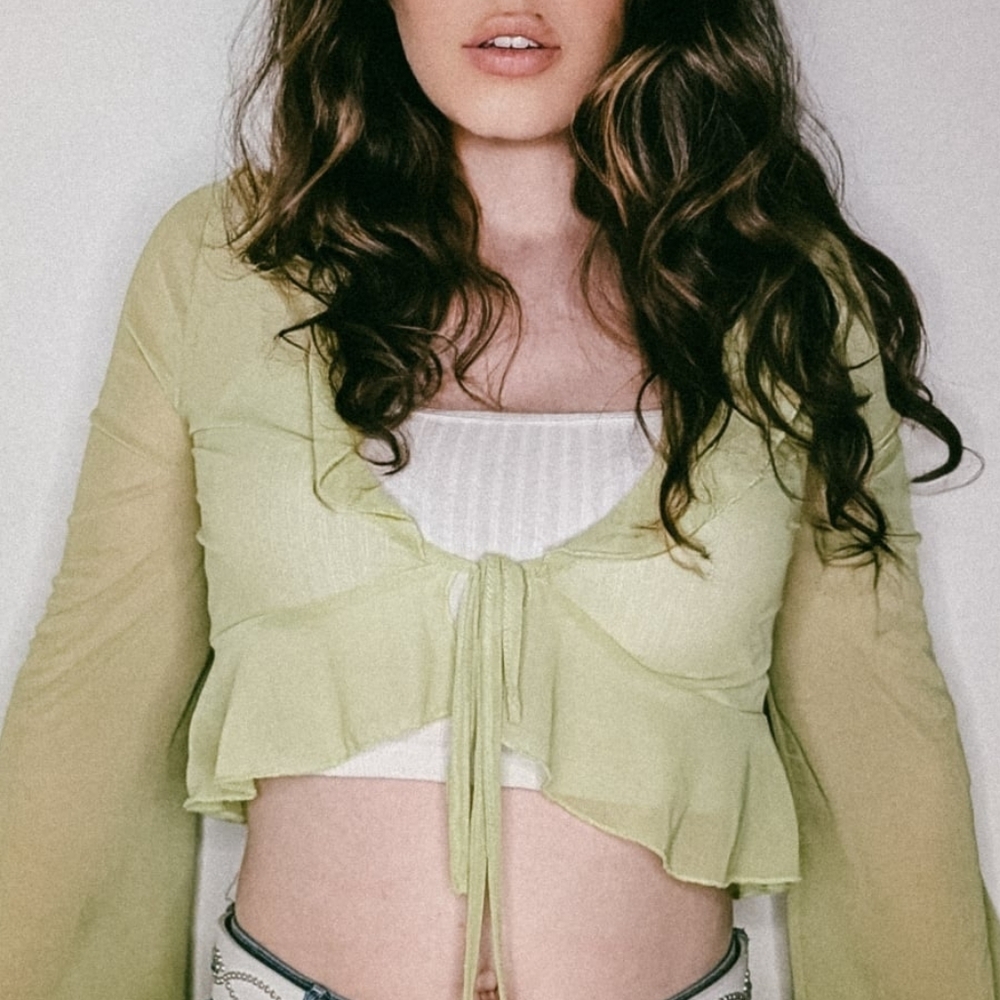 SHEIN Light Green Ruffle Tie-Front Long Sleeve Top
